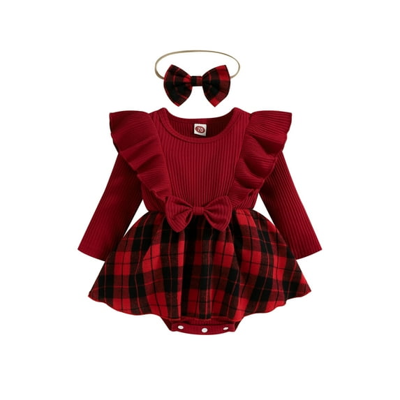 Bagilaanoe Newborn Baby Girl Romper Dress Plaid Ruffles Long Sleeve Bodysuit + Headband 6M 12M 18M 24M Infant One Piece Skirt Hem Jumpsuit