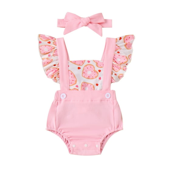 Bagilaanoe Newborn Baby Girl Rompers Donut Print Fly Sleeve Bodysuits + Headband 3M 6M 9M 12M 18M Infant Summer One Piece Jumpsuit