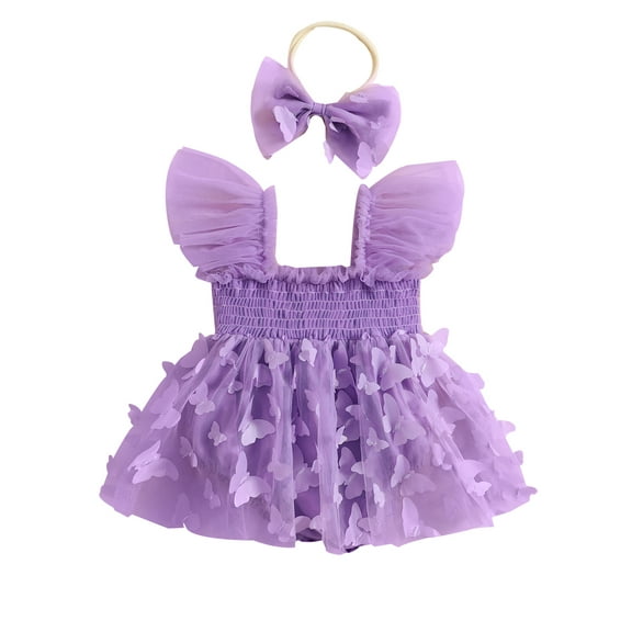 Bagilaanoe Newborn Baby Girl Rompers Dress Butterfly Print Fly Sleeve Bodysuit   Headband 3M 6M 12M 18M 24M Infant Mesh Patchwork One Piece Jumpsuit