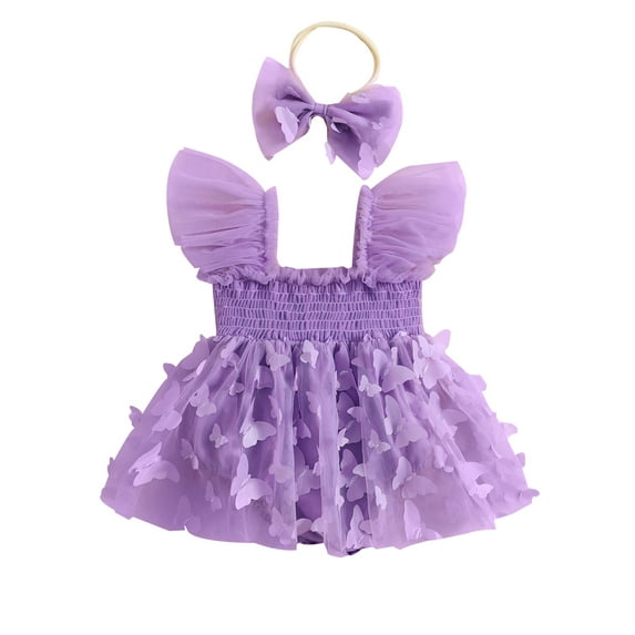 Bagilaanoe Newborn Baby Girl Rompers Dress Butterfly Print Fly Sleeve Bodysuit + Headband 3M 6M 12M 18M 24M Infant Mesh Patchwork One Piece Jumpsuit
