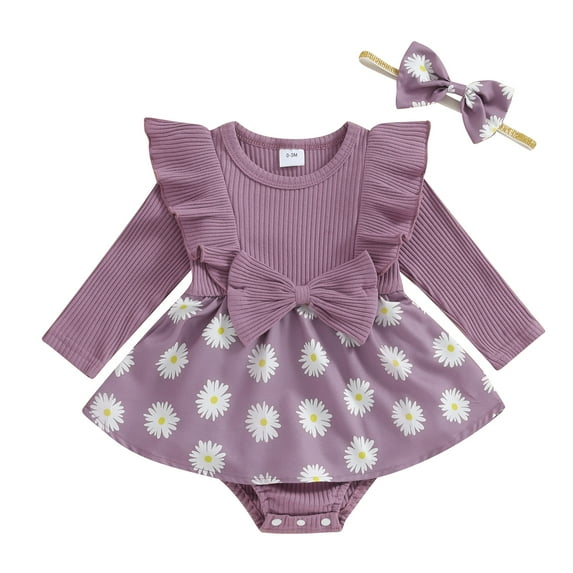 Bagilaanoe Newborn Baby Girl Rompers Dress Daisy Print Long Sleeve Bodysuits + Headband 3M 6M 9M 12M 18M Infant Spring Patchwork A-line Dresses