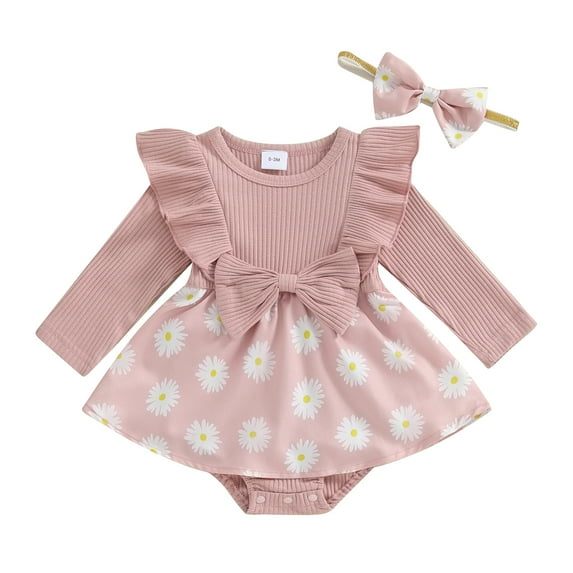 Bagilaanoe Newborn Baby Girl Rompers Dress Daisy Print Long Sleeve Bodysuits + Headband 3M 6M 9M 12M 18M Infant Spring Patchwork A-line Dresses
