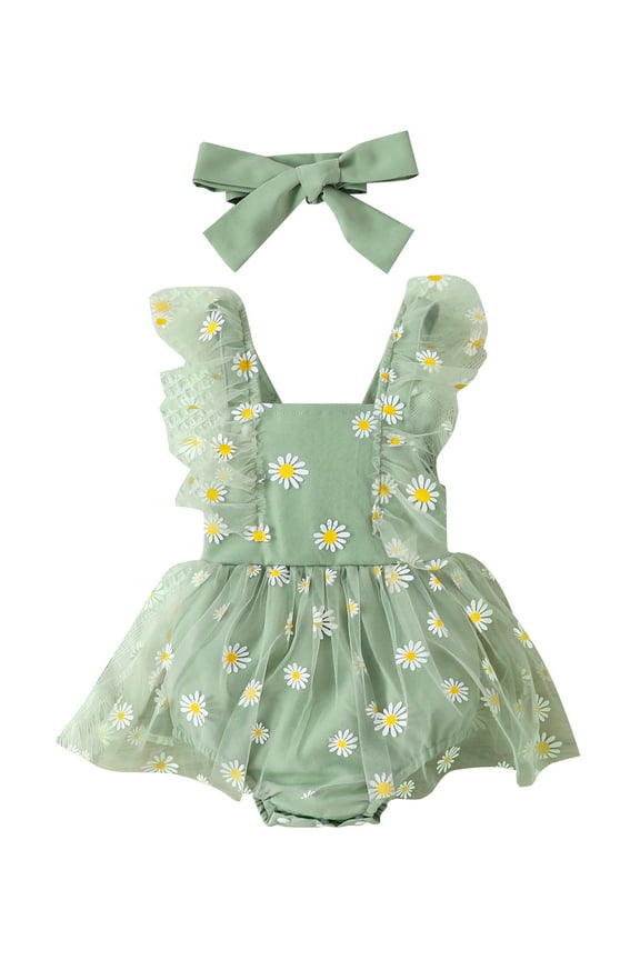 Newborn Baby Girl Rompers Dress Daisy Print Ruffle Sleeve Bodysuit + Headband 3M 6M 9M 12M Infant Summer A-Line Dress