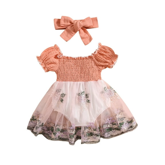 Bagilaanoe Newborn Baby Girl Rompers Dress Embroidery Short Sleeve Bodysuits   Headband 3M 6M 12M 18M 24M Infant Tulle Patchwork A-line Dresses