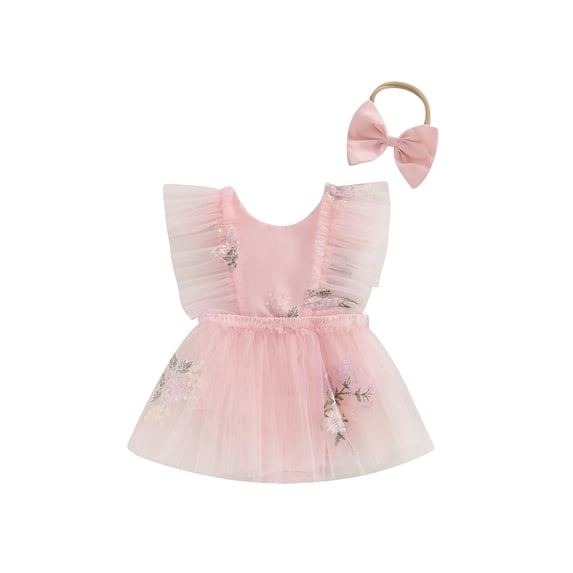 Bagilaanoe Newborn Baby Girl Rompers Dress Floral Embroidered Sleeveless Bodysuits + Headband 3M 6M 12M 18M Infant Tulle Patchwork A-line Dresses