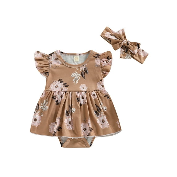 Bagilaanoe Newborn Baby Girl Rompers Dress Floral Print Fly Sleeve Bodysuit + Headband 6M 12M 18M 24M Infant One Piece Jumpsuit
