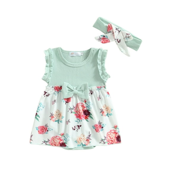 Bagilaanoe Newborn Baby Girl Rompers Dress Floral Print Sleeveless Bodysuit + Headband 3M 6M 12M 18M Infant Patchwork One Piece Jumpsuit