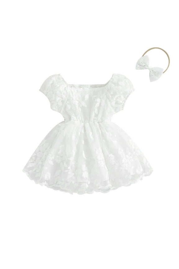 Newborn Baby Girl Rompers Dress Flower Embroidered Puff Sleeve Bodysuit + Headband 3M 6M 12M 18M Infant Tulle A-line Princess Dresses