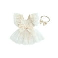 thumbnail image 1 of Bagilaanoe Newborn Baby Girl Rompers Dress Flower Fly Sleeve Bodysuit + Headband 6M 12M 18M 24M Infant Lace One Piece Jumpsuit, 1 of 8