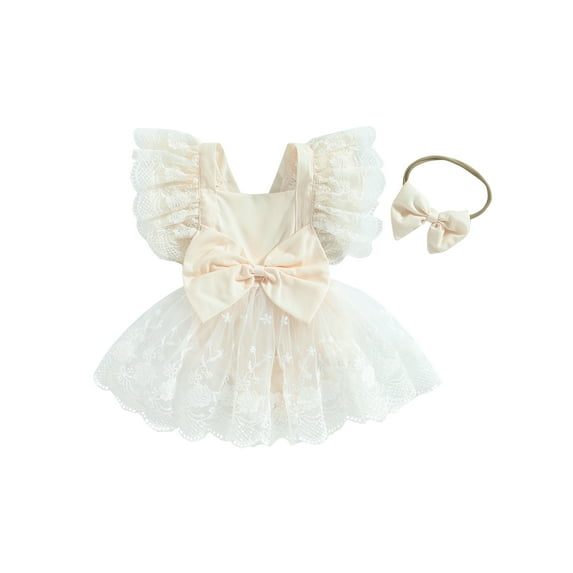 Bagilaanoe Newborn Baby Girl Rompers Dress Flower Fly Sleeve Bodysuit + Headband 6M 12M 18M 24M Infant Lace One Piece Jumpsuit