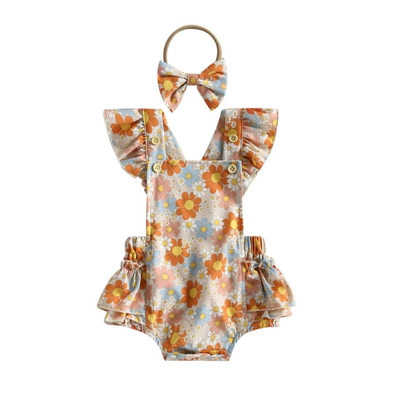 Bagilaanoe Newborn Baby Girl Rompers Dress Flower Print Fly Sleeve Ruffles Bodysuit + Headband 6M 12M 18M 24M Infant Summer One Piece Jumpsuit