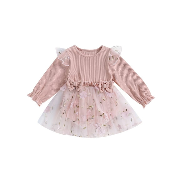 Bagilaanoe Newborn Baby Girl Rompers Dress Flower Print Long Sleeve Bodysuits 3M 6M 12M 18M Infant Tulle A-line Dresses