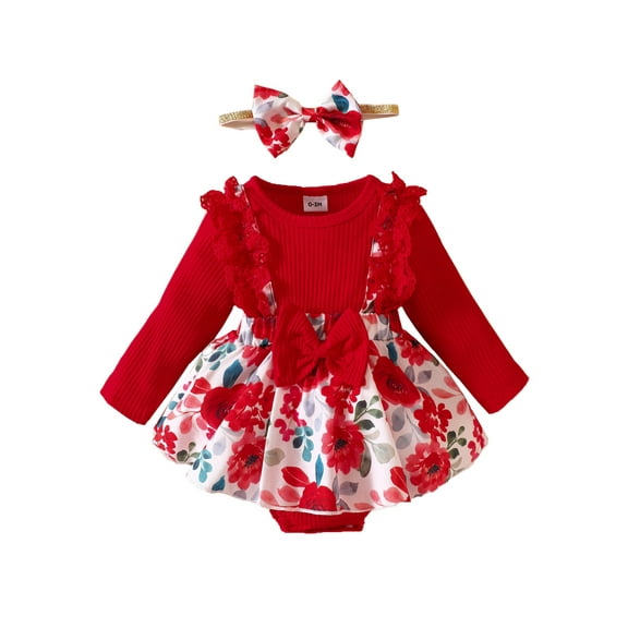 Bagilaanoe Newborn Baby Girl Rompers Dress Flower Print Long Sleeve Bodysuits + Hairband 3M 6M 9M 12M Infant Lace Patchwork A-line Dresses