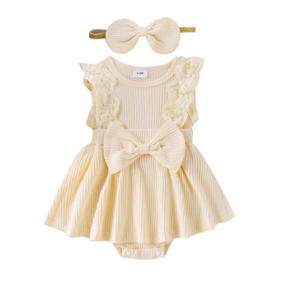 Bagilaanoe Newborn Baby Girl Rompers Dress Fly Sleeve Bodysuits + Headband 3M 6M 9M 12M 18M Infant Patchwork A-line Dresses
