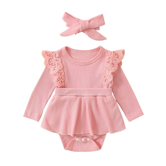 Bagilaanoe Newborn Baby Girl Rompers Dress Fly Sleeve Bodysuits + Headband 3M 6M 9M 12M Infant Lace Patchwork A-line Dresses