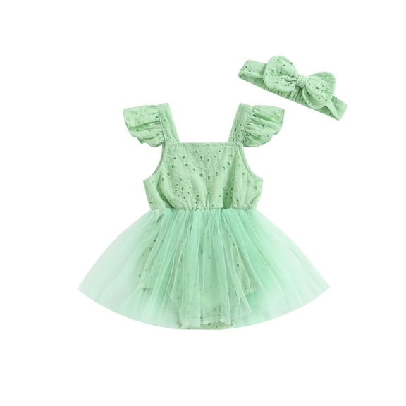 Bagilaanoe Newborn Baby Girl Rompers Dress Fly Sleeve Tulle Bodysuit   Headwear 3M 6M 9M 12M 18M Infant Summer A-Line Dress