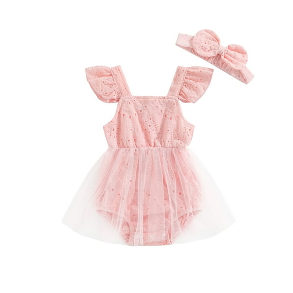 Bagilaanoe Newborn Baby Girl Rompers Dress Fly Sleeve Tulle Bodysuit   Headwear 3M 6M 9M 12M 18M Infant Summer A-Line Dress