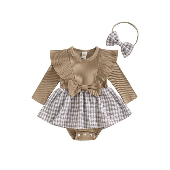Bagilaanoe Newborn Baby Girl Rompers Dress Houndstooth Print Long Sleeve Bodysuit + Headband 3M 6M 12M 18M Infant Patchwork A-line Dresses