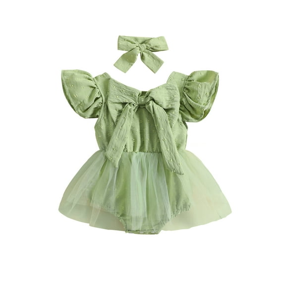 Bagilaanoe Newborn Baby Girl Rompers Dress Jacquard Fly Sleeve Bodysuit + Headband 6M 12M 18M 24M Infant Tulle Patchwork A-line Dress