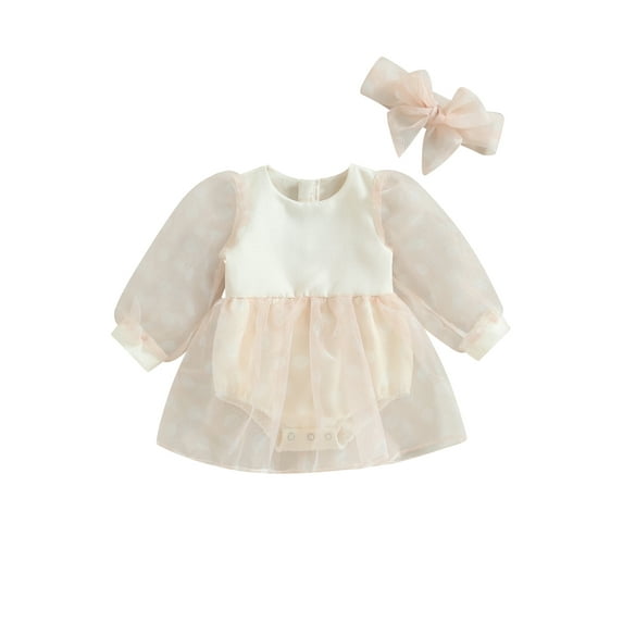 Bagilaanoe Newborn Baby Girl Rompers Dress Long Sleeve Bodysuits + Headband 6M 12M 18M 24M Infant Patchwork A-line Princess Dresses