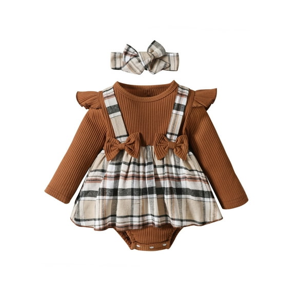 Bagilaanoe Newborn Baby Girl Rompers Dress Plaid Long Sleeve Bodysuit + Headband 3M 6M 9M 12M 18M Infant Patchwork A-line Dress