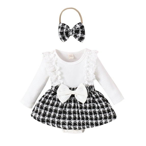 Bagilaanoe Newborn Baby Girl Rompers Dress Plaid Long Sleeve Bodysuit + Headband 6M 9M 12M 18M Infant Patchwork A-Line Dress