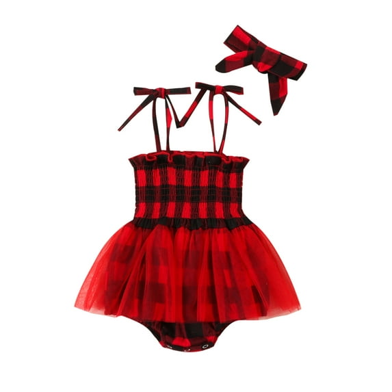 Bagilaanoe Newborn Baby Girl Rompers Dress Plaid Sleeveless Bodysuit + Headband 3M 6M 9M 12M 18M Infant Tulle Patchwork A-line Dresses