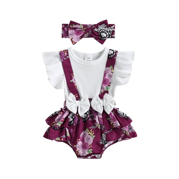 Bagilaanoe Newborn Baby Girl Rompers Dress Print Fly Sleeve Bodysuit + Headband 3M 6M 9M 12M 18M Infant Patchwork One Piece Jumpsuit