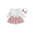 thumbnail image 1 of Bagilaanoe Newborn Baby Girl Rompers Dress Ribbed Long Sleeve Bodysuits + Headband 6M 12M 18M 24M Infant Fall Patchwork A-line Dresses, 1 of 8