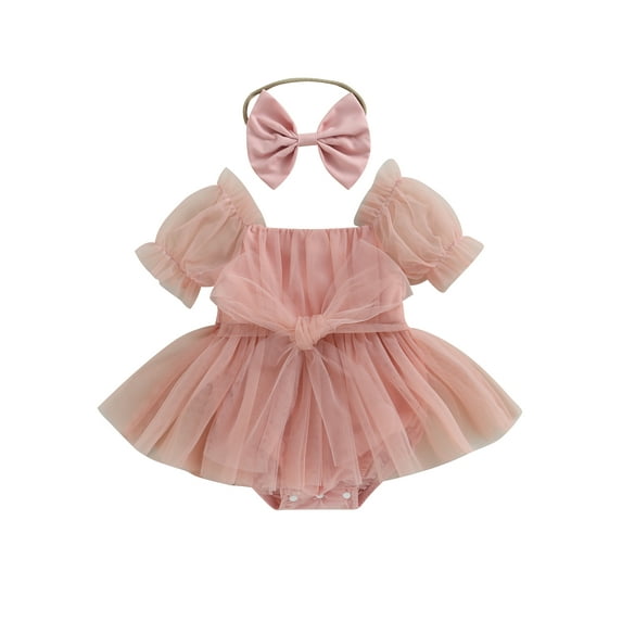 Bagilaanoe Newborn Baby Girl Rompers Dress Short Sleeve Bodysuit + Headband 6M 12M 18M 24M Infant A-line Tulle Dress