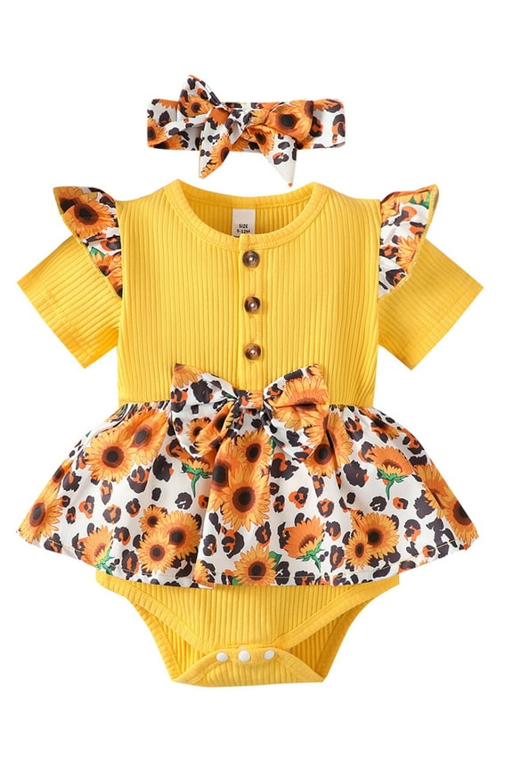 Newborn Baby Girl Rompers Dress Sunflower Print Short Sleeve Bodysuit + Headband 3M 6M 9M 12M 18M 24M Infant Patchwork One Piece Jumpsuit