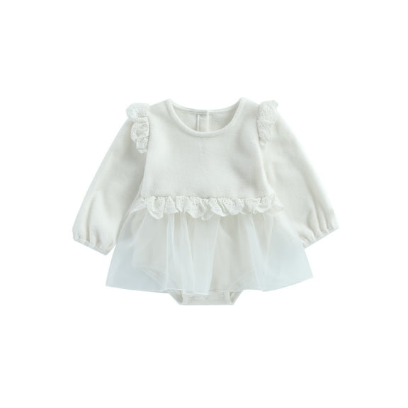 Bagilaanoe Newborn Baby Girl Rompers Dress White Long Sleeve Bodysuits 6M 12M 18M 24M Infant Lace Patchwork A-line Dresses