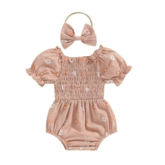 Bagilaanoe Newborn Baby Girl Rompers Floral Print Short Puff Sleeve Bodysuits + Headband 3M 6M 12M 18M Infant Summer One Piece Jumpsuit