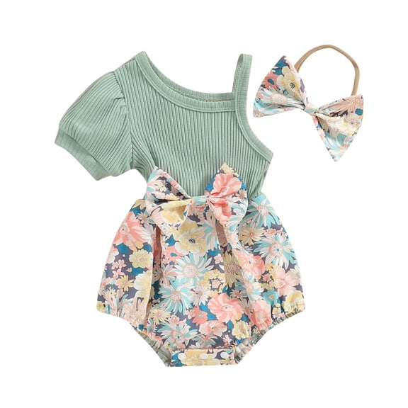 Bagilaanoe Newborn Baby Girl Rompers Floral Print Short Sleeve One Shoulder Bodysuits   Headband 3M 6M 9M 12M Infant Summer One Piece Jumpsuit