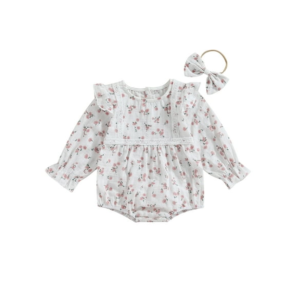 Bagilaanoe Newborn Baby Girl Rompers Flower Long Sleeve Bodysuit + Headband 6M 12M 18M 24M Infant Ruffle One Piece Jumpsuit