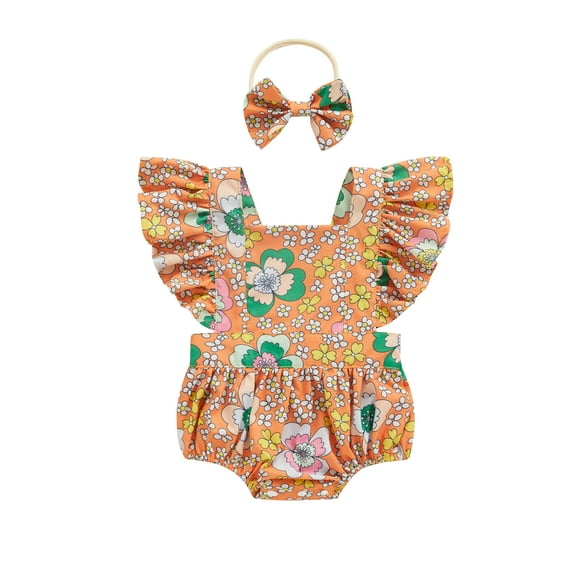 Bagilaanoe Newborn Baby Girl Rompers Flower Print Fly Sleeve Bodysuit + Hairband 6M 12M 18M 24M Infant Summer One Piece Jumpsuit
