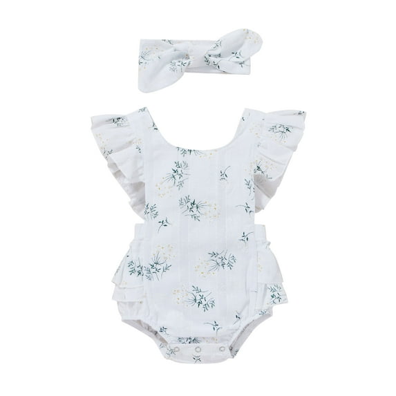 Bagilaanoe Newborn Baby Girl Rompers Flower Print Fly Sleeve Bodysuit + Headband 6M 12M 18M 24M Infant One Piece Jumpsuit