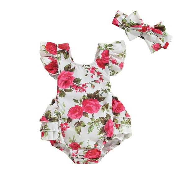 Bagilaanoe Newborn Baby Girl Rompers Flower Print Fly Sleeve Bodysuits Hairband 6M 9M 12M 24M Infant Summer One Piece Jumpsuit