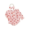 thumbnail image 1 of Bagilaanoe Newborn Baby Girl Rompers Heart Print Long Sleeve Bodysuit + Headband 3M 6M 12M 18M Infant Ruffle One Piece Jumpsuit, 1 of 9