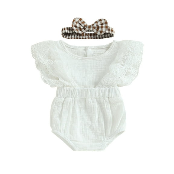 Bagilaanoe Newborn Baby Girl Rompers Lace Ruffle Fly Sleeve Bodysuit   Headband 6M 9M 12M 18M 24M Infant Summer One Piece Jumpsuit