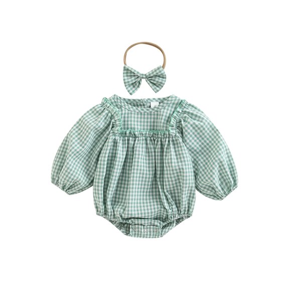 Bagilaanoe Newborn Baby Girl Rompers Plaid Print Lantern Long Sleeve Bodysuit + Headband 3M 6M 12M 18M Infant Casual One Piece Jumpsuit
