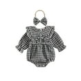 thumbnail image 1 of Bagilaanoe Newborn Baby Girl Rompers Plaid Print Long Sleeve Ruffle Bodysuit + Hairband 3M 6M 12M 18M Infant One Piece Jumpsuit, 1 of 9