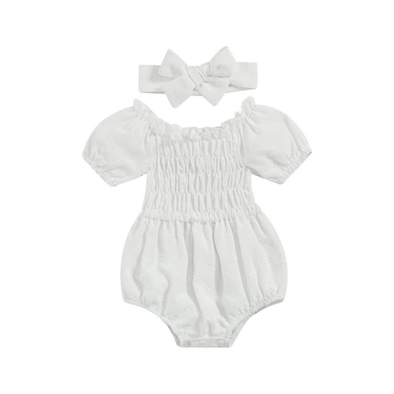 Bagilaanoe Newborn Baby Girl Rompers Pleated Short Sleeve Bodysuit + Headband 6M 12M 18M 24M Infant Summer One Piece Jumpsuit