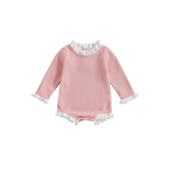 Bagilaanoe Newborn Baby Girl Rompers Ruffle Contrast Color Long Sleeve Bodysuits 3M 6M 12M 18M Waffle One Piece Short Jumpsuits