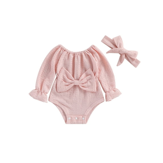 Bagilaanoe Newborn Baby Girl Rompers Solid Color Long Sleeve Bodysuit + Headband 3M 6M 9M 12M 18M Infant Casual One Piece Jumpsuit