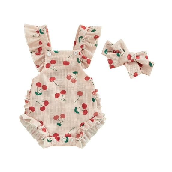 Bagilaanoe Newborn Baby Girl Rompers Strawberry Print Fly Sleeve Bodysuits + Headband 3M 6M 12M 18M Infant Summer One Piece Jumpsuit