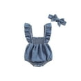 thumbnail image 1 of Bagilaanoe Newborn Baby Girl Summer Denim Rompers Ruffles Fly Sleeve Bodysuits + Headband 3M 6M 9M 12M Infant Casual One Piece Short Jumpsuit, 1 of 8