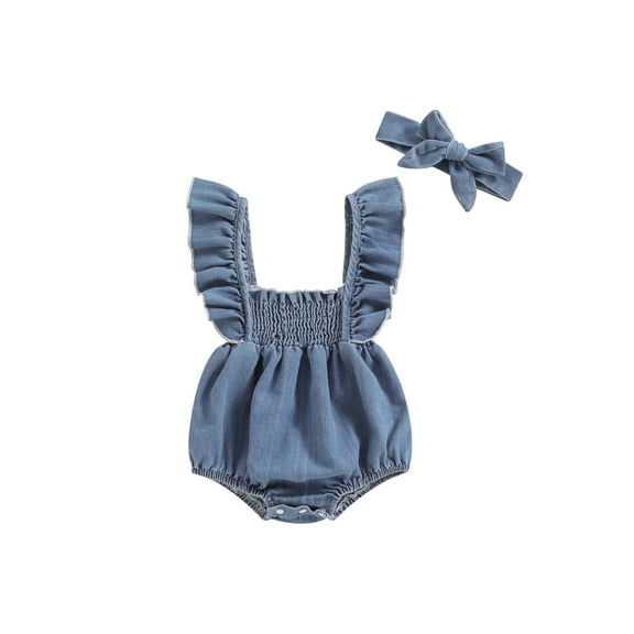 Bagilaanoe Newborn Baby Girl Summer Denim Rompers Ruffles Fly Sleeve Bodysuits   Headband 3M 6M 9M 12M Infant Casual One Piece Short Jumpsuit