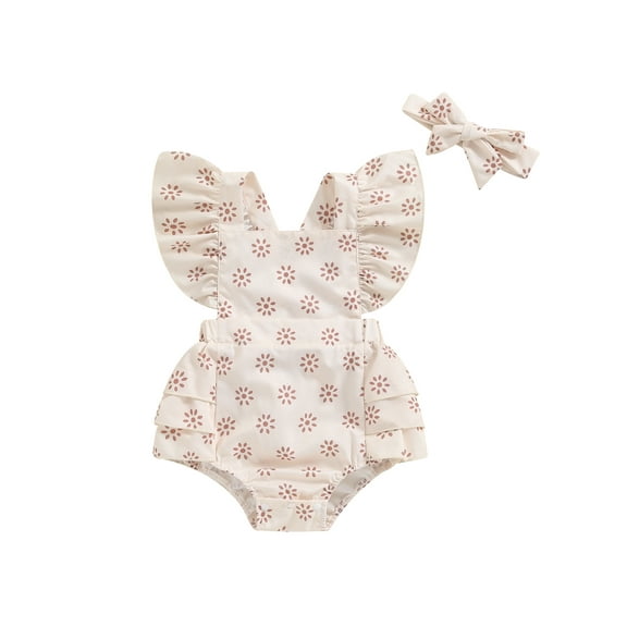 Bagilaanoe Newborn Baby Girl Summer Rompers Daisy Print Fly Sleeve Bodysuits + Headband 3M 6M 12M 18M Infant One Piece Jumpsuit