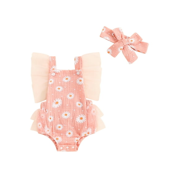 Bagilaanoe Newborn Baby Girl Summer Rompers Daisy Print Fly Sleeve Bodysuits   Headband 3M 6M 12M 18M Infant Ruffle One Piece Jumpsuit